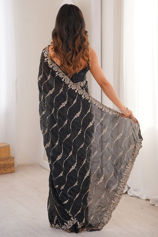 Alice Black Satin Sequins Designer Ready to Wear Saree