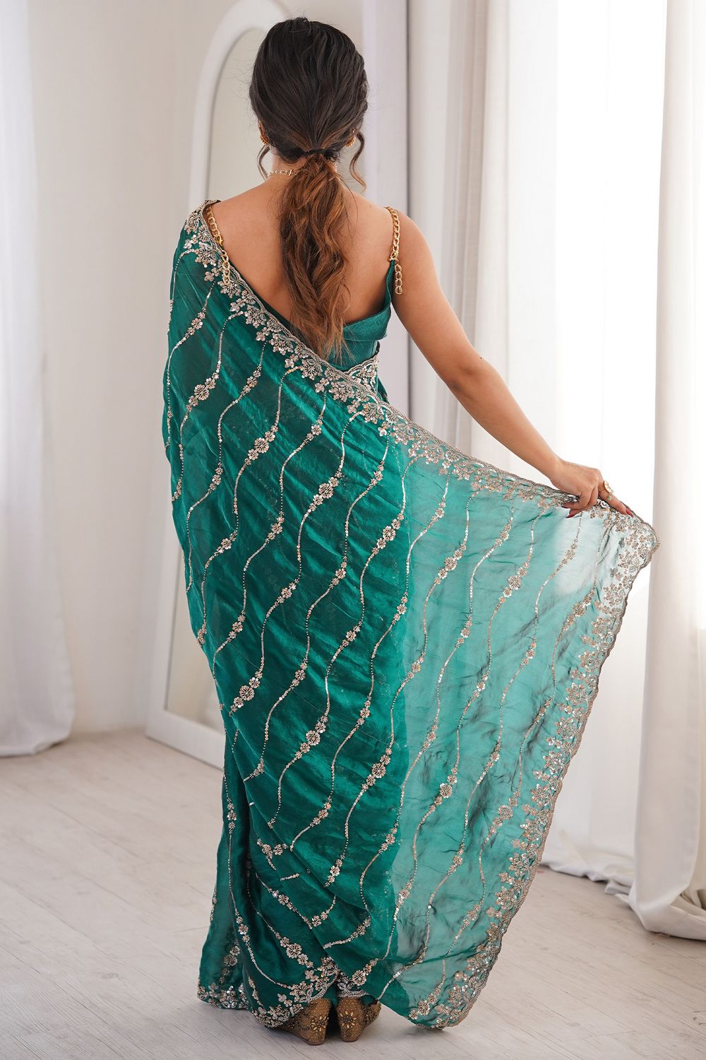 Alice Teal Green Satin Sequins Designer Ready to Wear Saree