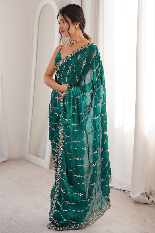 Alice Teal Green Satin Sequins Designer Ready to Wear Saree