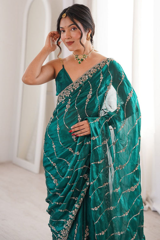 Alice Teal Green Satin Sequins Designer Ready to Wear Saree