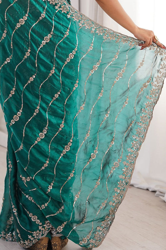 Alice Teal Green Satin Sequins Designer Ready to Wear Saree