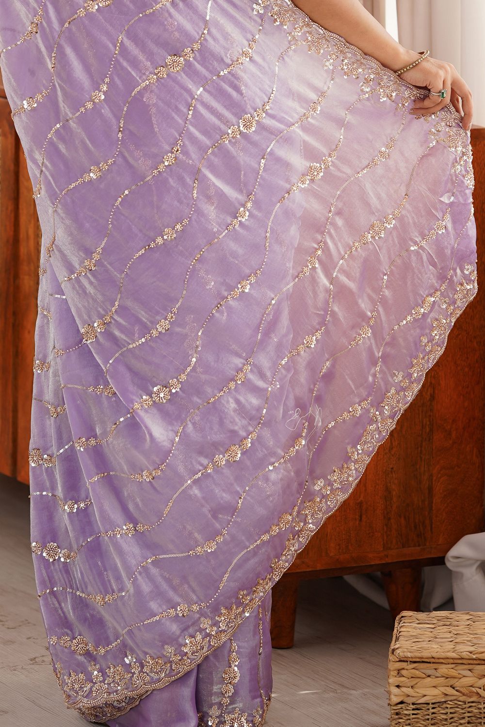 Alice Lavender Satin Sequins Designer Ready to Wear Saree
