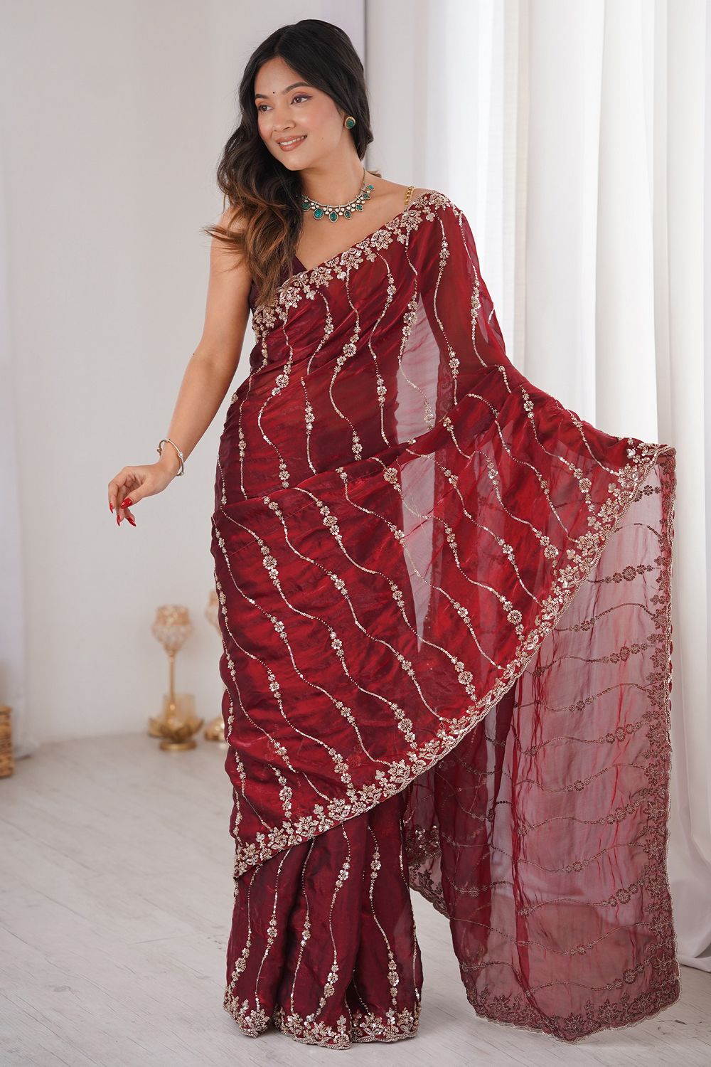 Alice Maroon Satin Sequins Designer Ready to Wear Saree