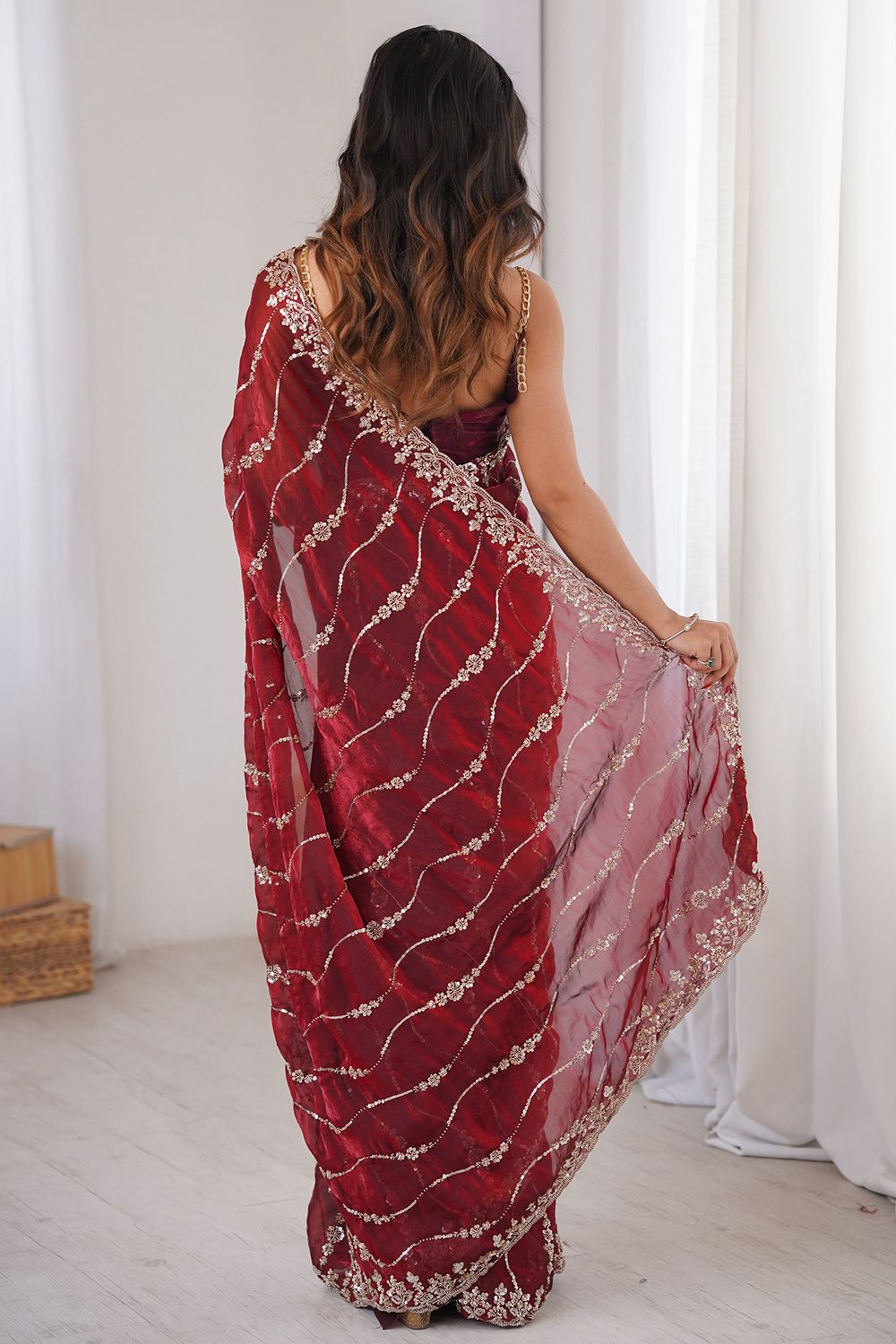 Alice Maroon Satin Sequins Designer Ready to Wear Saree
