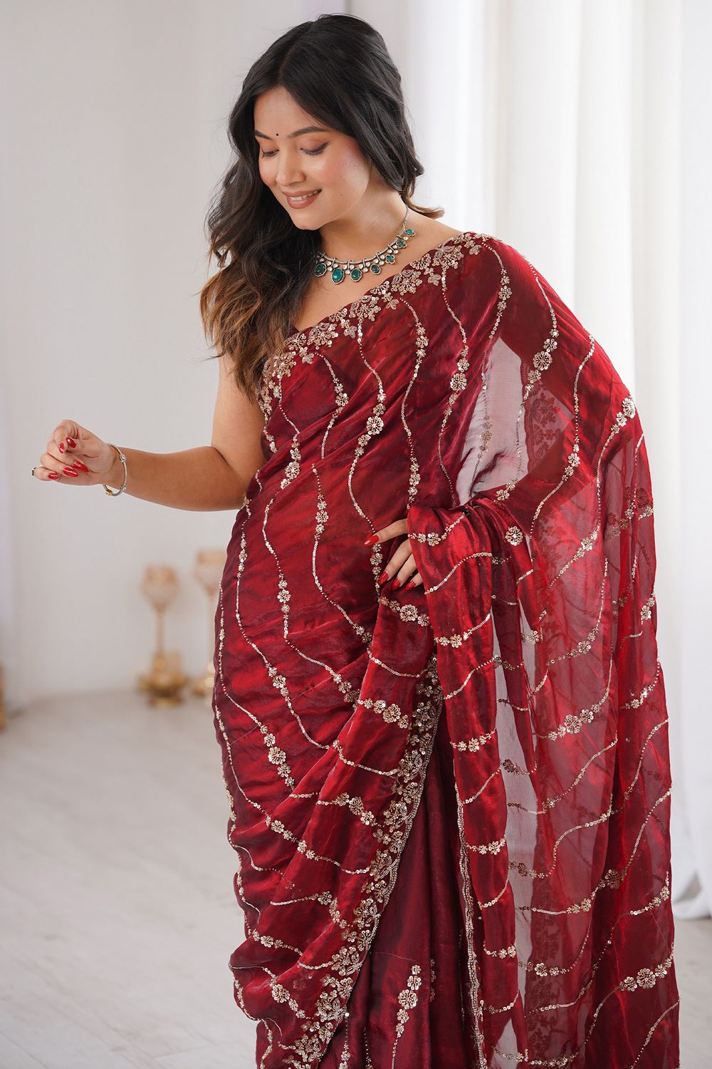 Alice Maroon Satin Sequins Designer Ready to Wear Saree