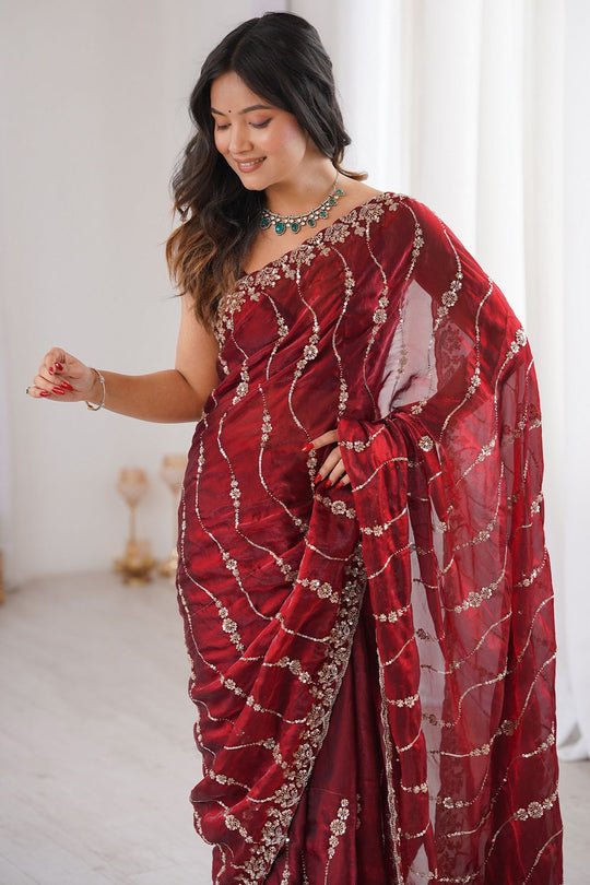 Alice Maroon Satin Sequins Designer Ready to Wear Saree