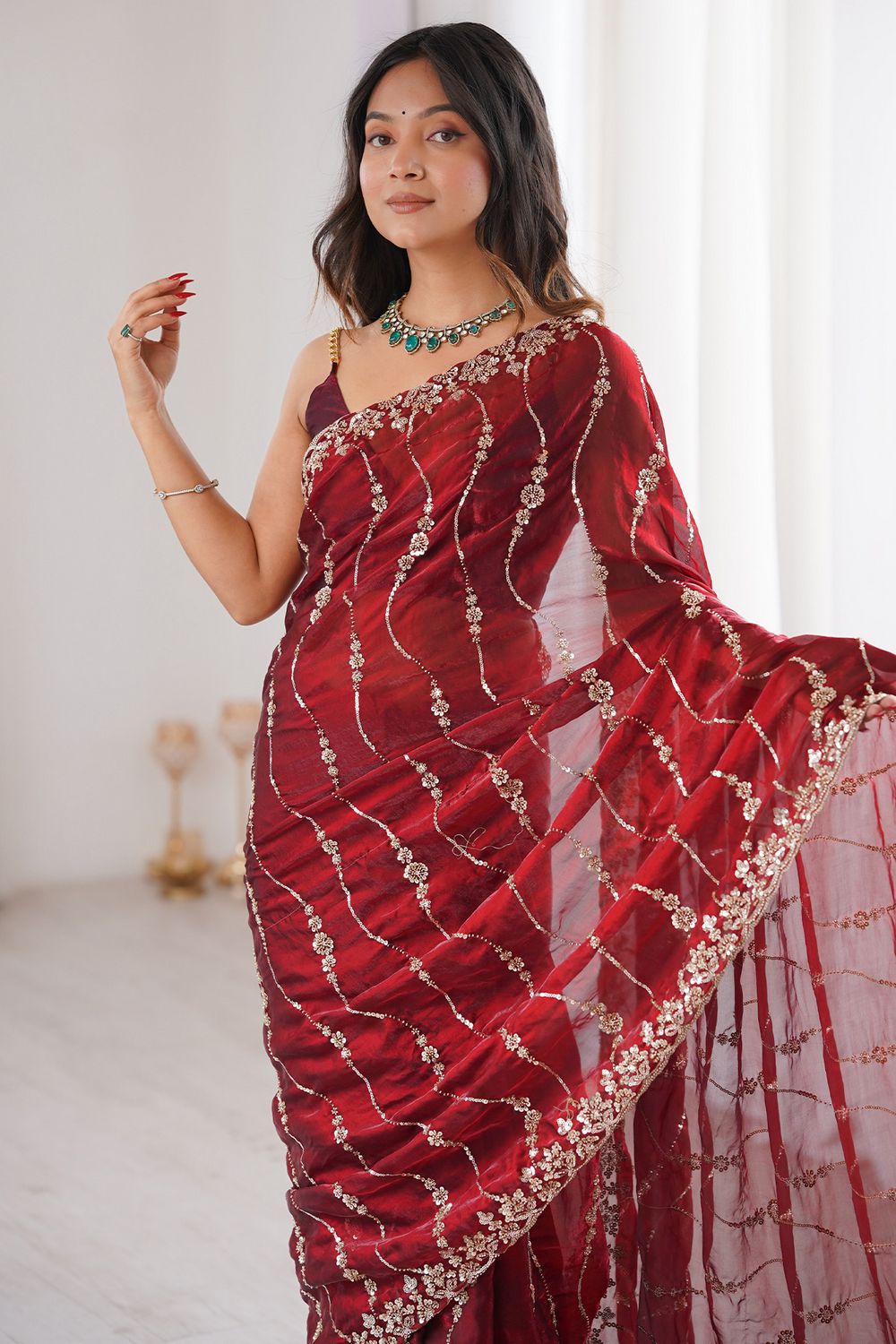 Alice Maroon Satin Sequins Designer Ready to Wear Saree