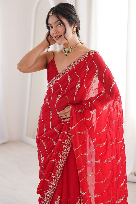 Alice Red Satin SequinsDesigner Ready to Wear Saree
