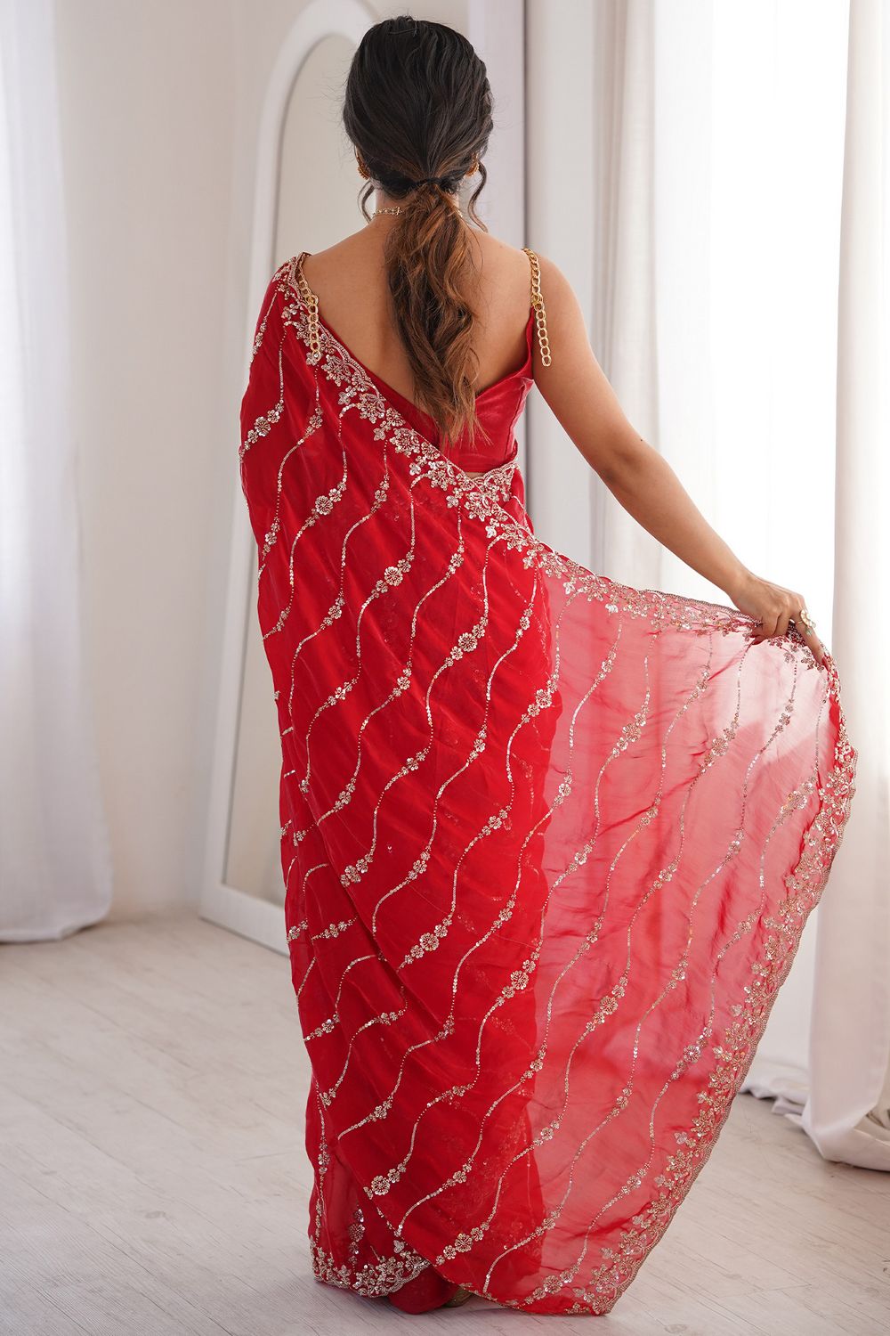 Alice Red Satin SequinsDesigner Ready to Wear Saree