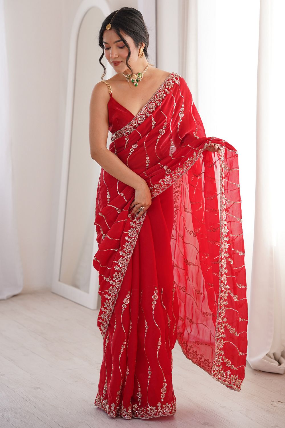 Alice Red Satin SequinsDesigner Ready to Wear Saree