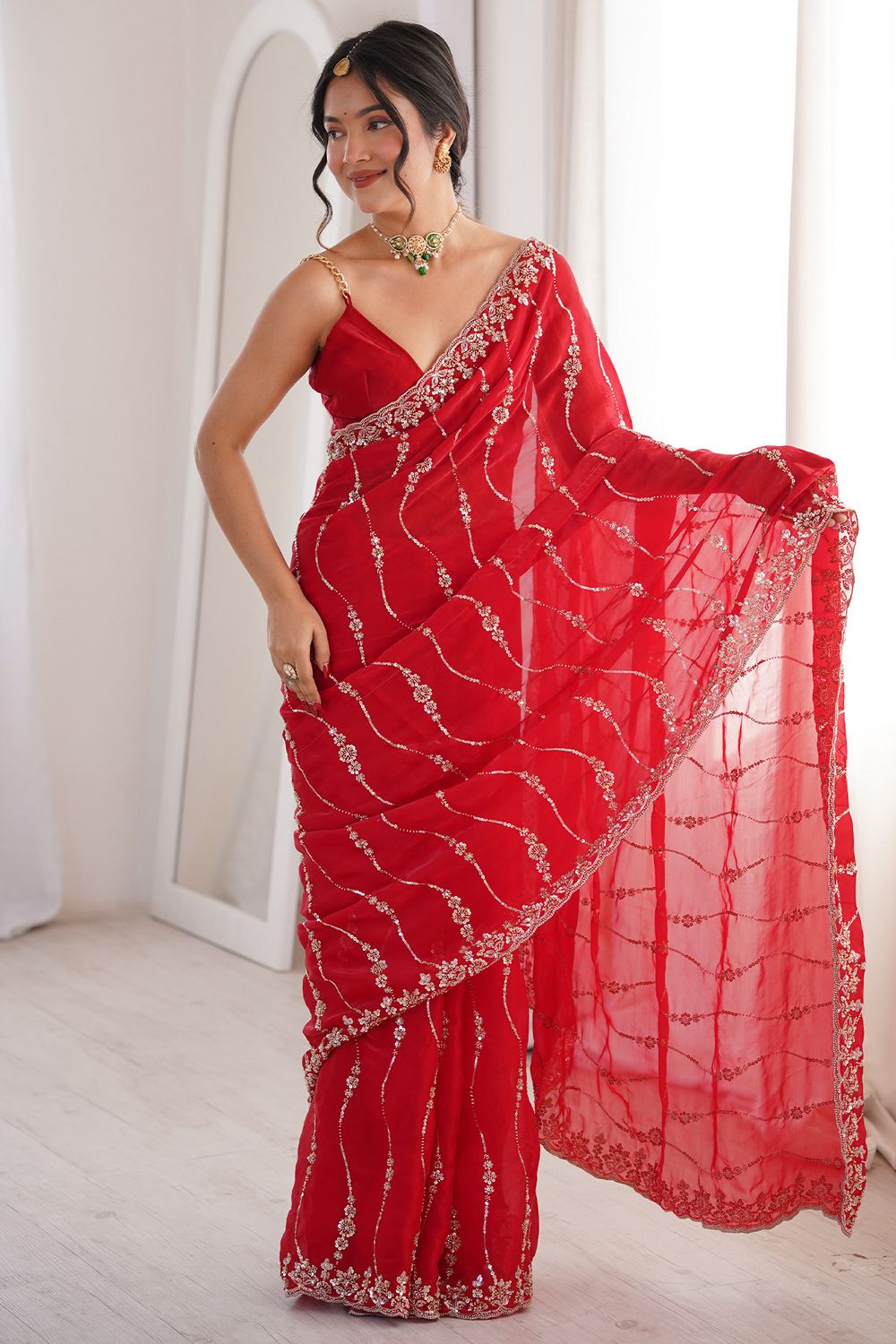 Alice Red Satin SequinsDesigner Ready to Wear Saree