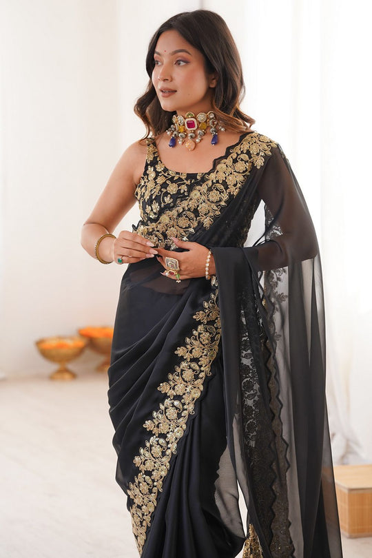 Nayna Black Satin Embellished Ready to Wear Saree