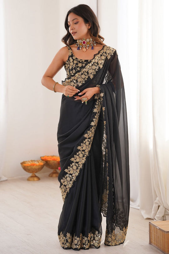 Nayna Black Satin Embellished Ready to Wear Saree
