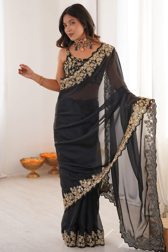 Nayna Black Satin Embellished Ready to Wear Saree
