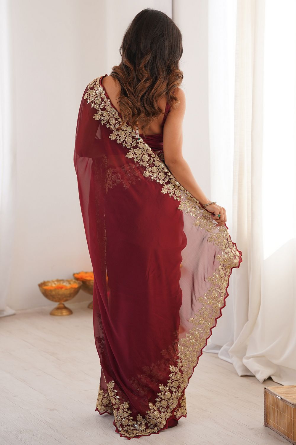 Nayna Maroon Satin Embellished Ready to Wear Saree