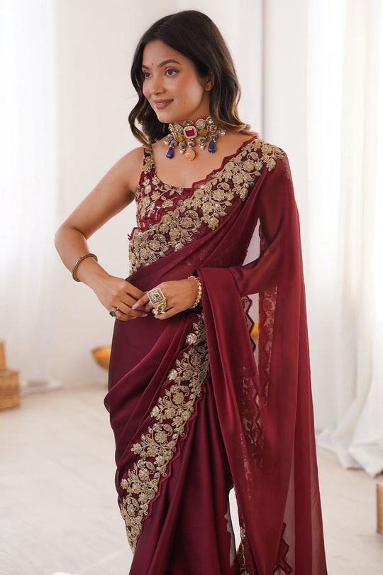 Nayna Maroon Satin Embellished Ready to Wear Saree