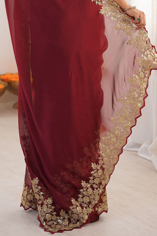 Nayna Maroon Satin Embellished Ready to Wear Saree