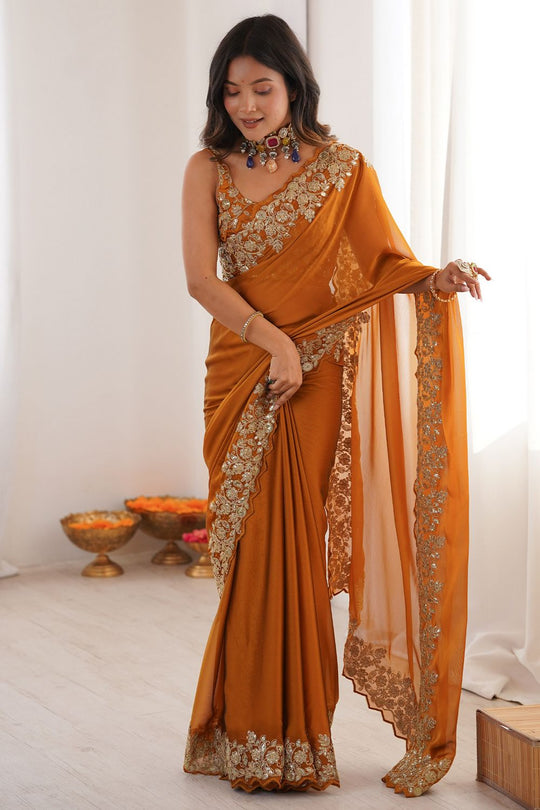 Nayna Mustard Yellow Satin Embellished Ready to Wear Saree