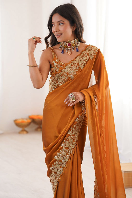 Nayna Mustard Yellow Satin Embellished Ready to Wear Saree