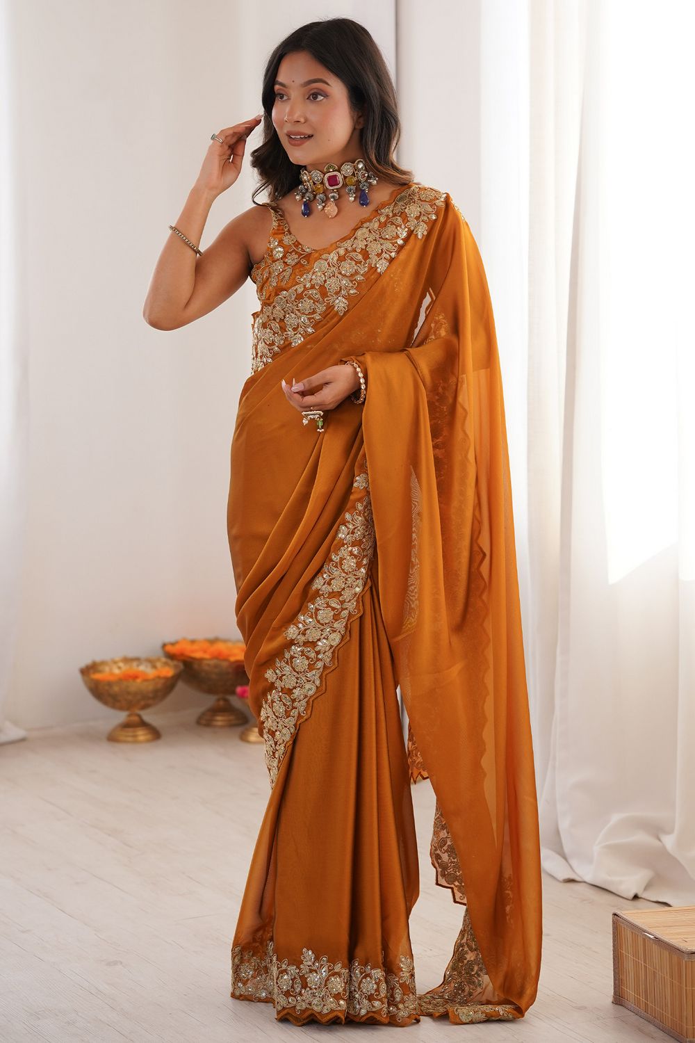 Nayna Mustard Yellow Satin Embellished Ready to Wear Saree