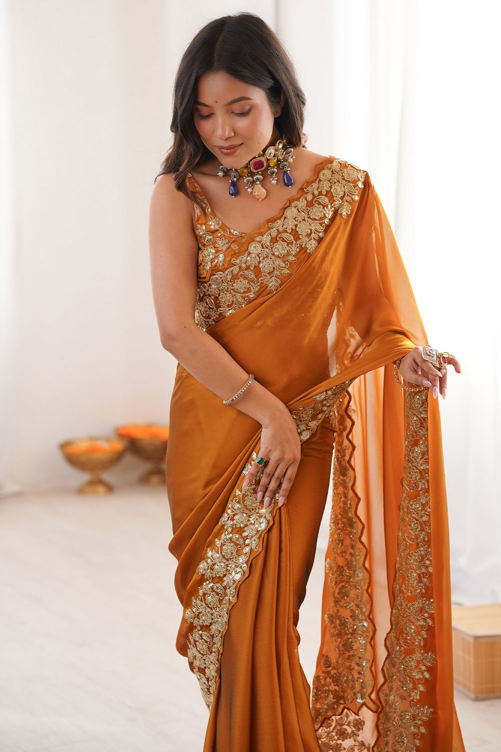 Nayna Mustard Yellow Satin Embellished Ready to Wear Saree