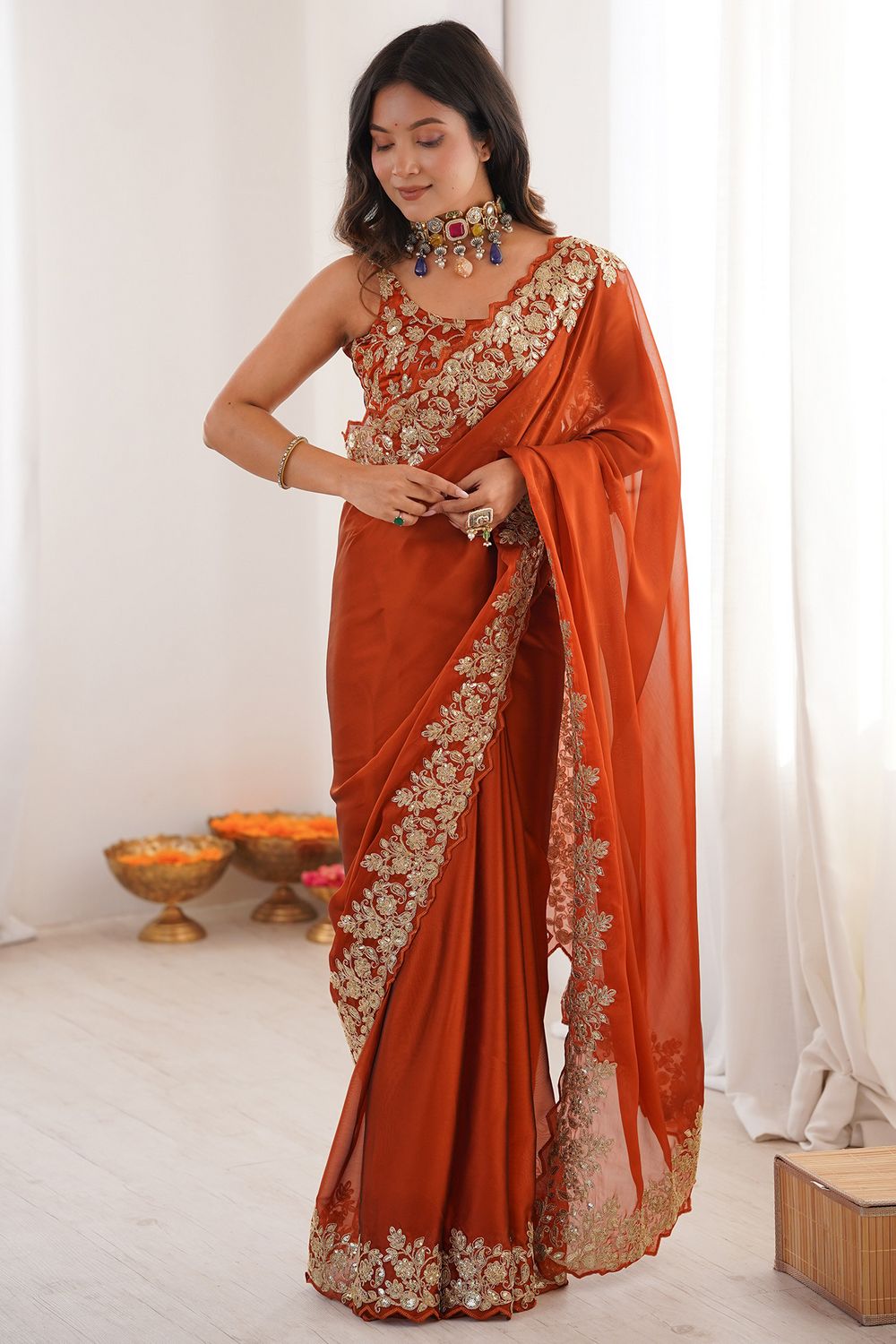Nayna Rust Orange Satin Embellished Ready to Wear Saree