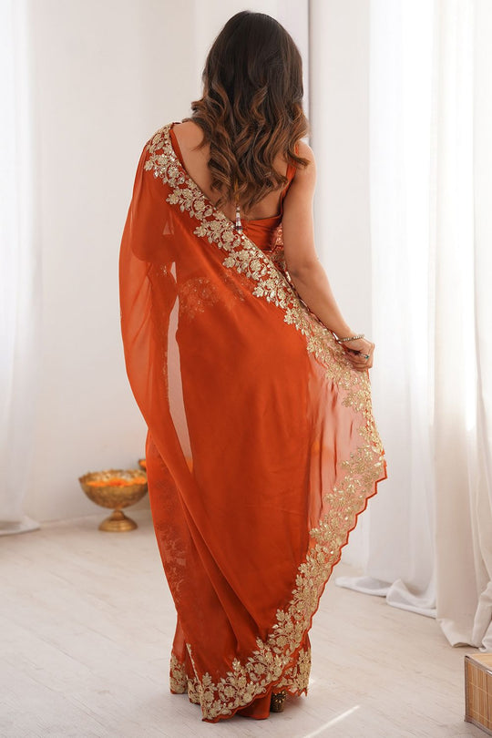 Nayna Rust Orange Satin Embellished Ready to Wear Saree