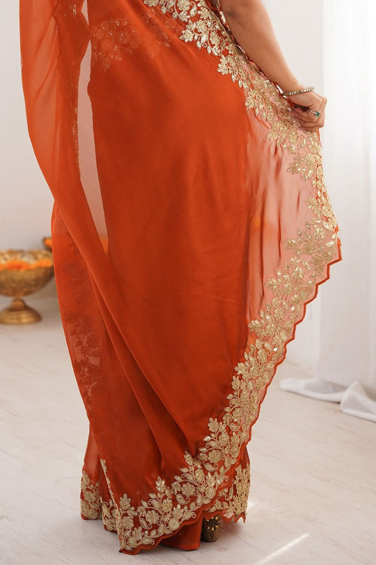 Nayna Rust Orange Satin Embellished Ready to Wear Saree