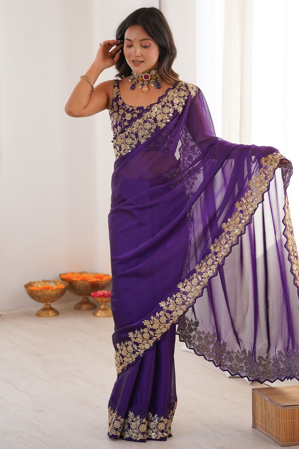 Nayna Purple Satin Embellished Ready to Wear Saree
