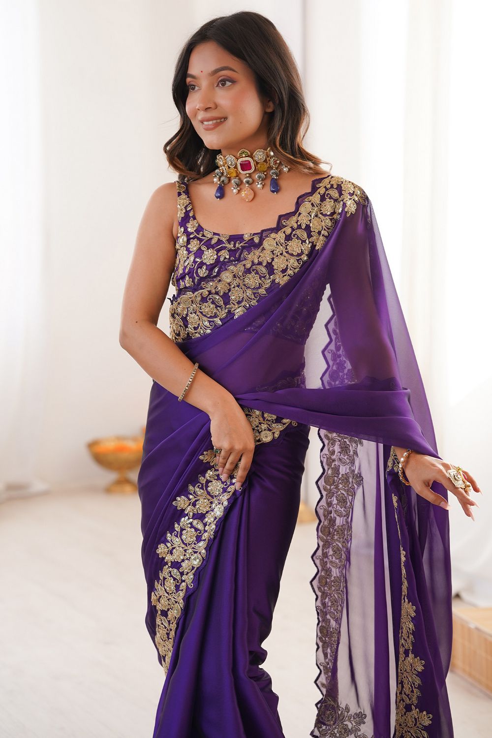 Nayna Purple Satin Embellished Ready to Wear Saree
