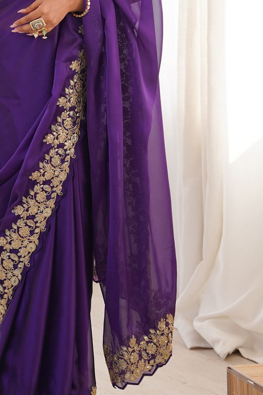 Nayna Purple Satin Embellished Ready to Wear Saree
