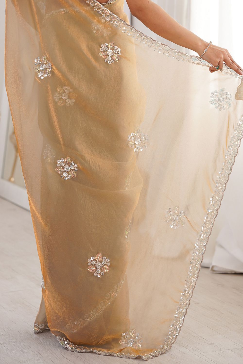 Lyric Beige Gold Satin with Sequin Floral Embroidery Pre-Stitched Saree
