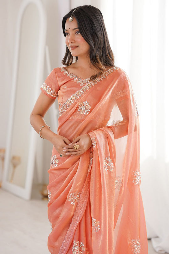Lyric Peach Satin with Sequin Floral Embroidery Pre-Stitched Saree