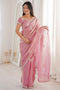 Lyric Pink Satin with Sequin Floral Embroidery Pre-Stitched Saree