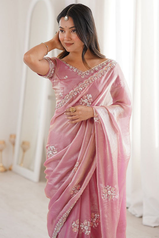 Lyric Pink Satin with Sequin Floral Embroidery Pre-Stitched Saree