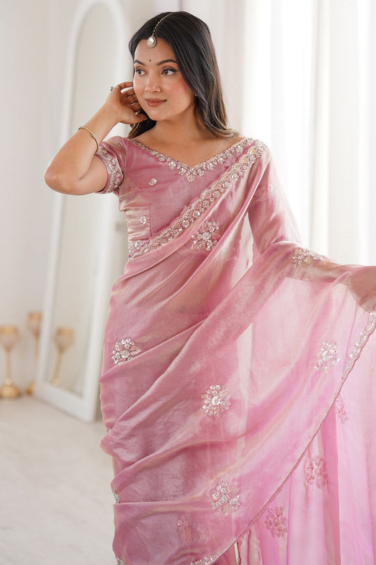 Lyric Pink Satin with Sequin Floral Embroidery Pre-Stitched Saree