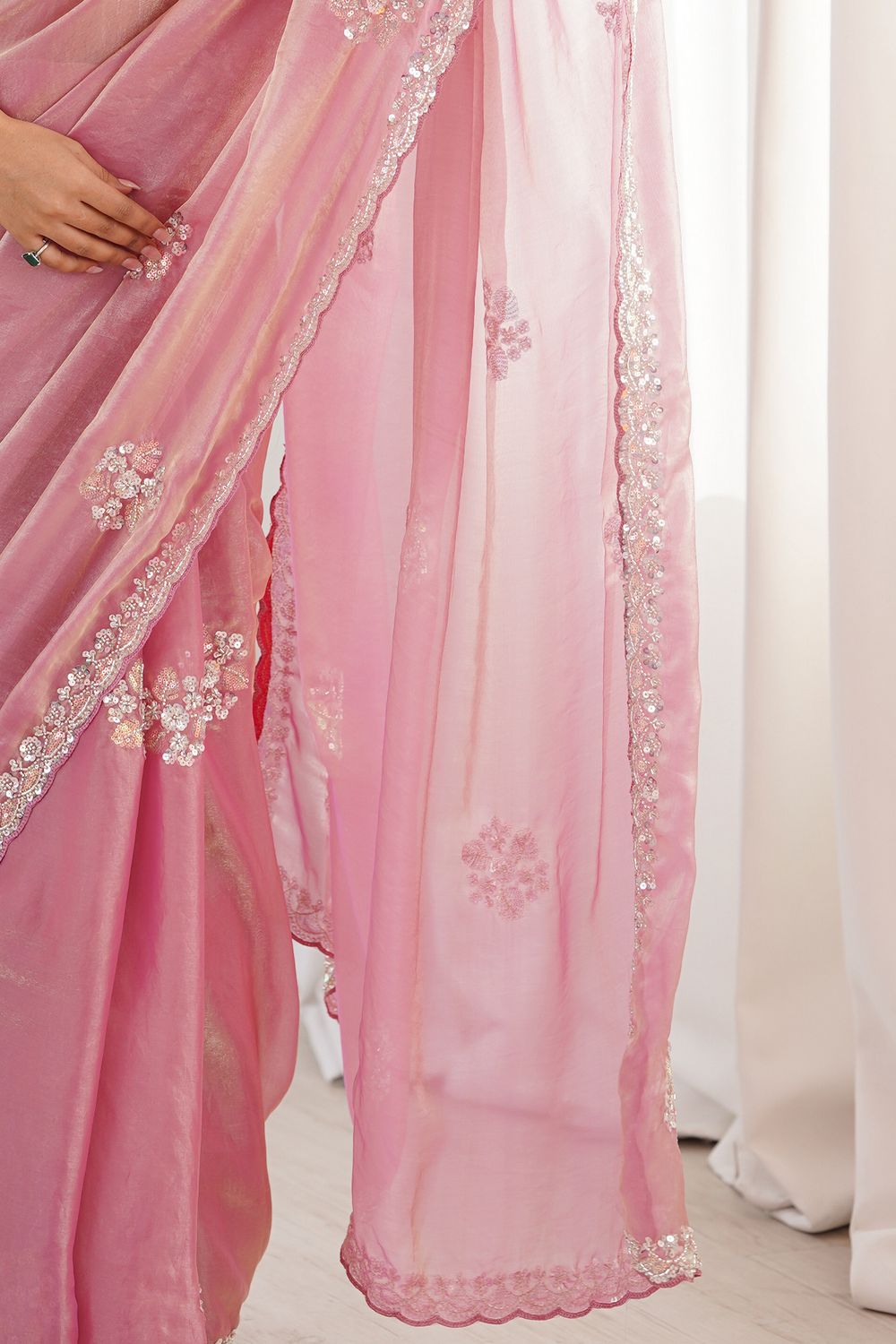 Lyric Pink Satin with Sequin Floral Embroidery Pre-Stitched Saree