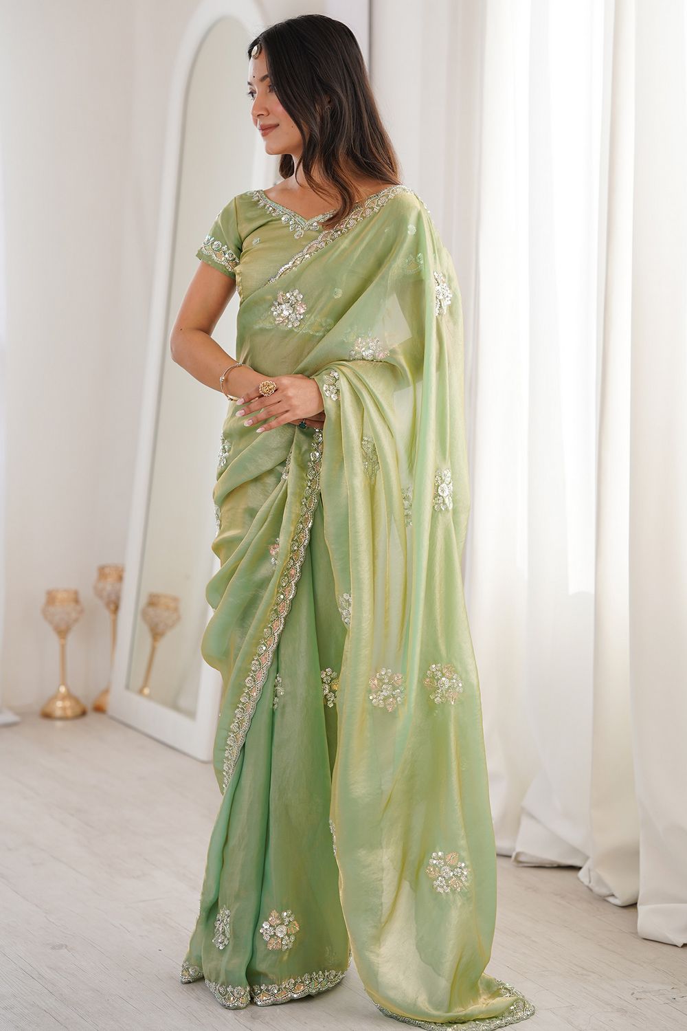 Lyric Sea Green Satin with Sequin Floral Embroidery Pre-Stitched Saree