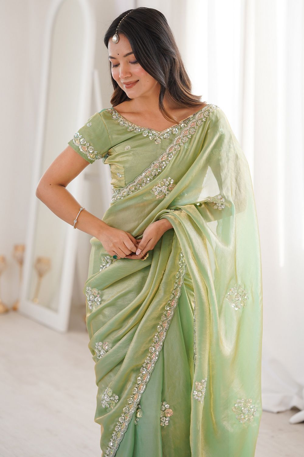 Lyric Sea Green Satin with Sequin Floral Embroidery Pre-Stitched Saree