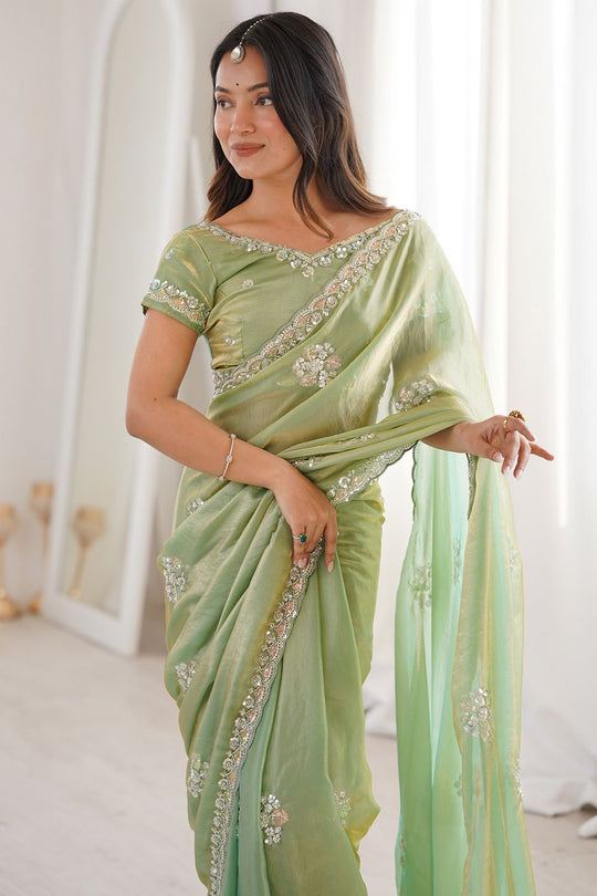 Lyric Sea Green Satin with Sequin Floral Embroidery Pre-Stitched Saree
