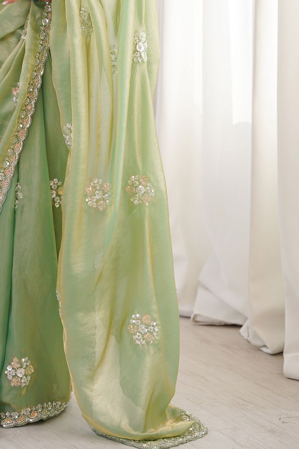 Lyric Sea Green Satin with Sequin Floral Embroidery Pre-Stitched Saree