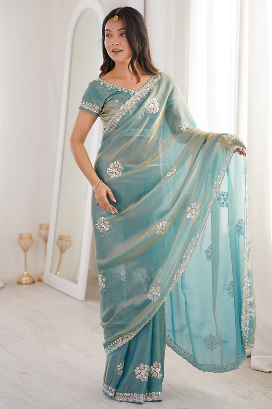 Lyric Light Blue Satin with Sequin Floral Embroidery Pre-Stitched Saree