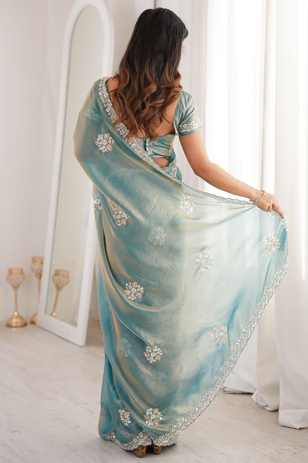 Lyric Light Blue Satin with Sequin Floral Embroidery Pre-Stitched Saree