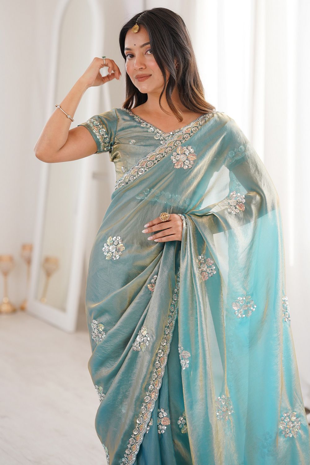 Lyric Light Blue Satin with Sequin Floral Embroidery Pre-Stitched Saree