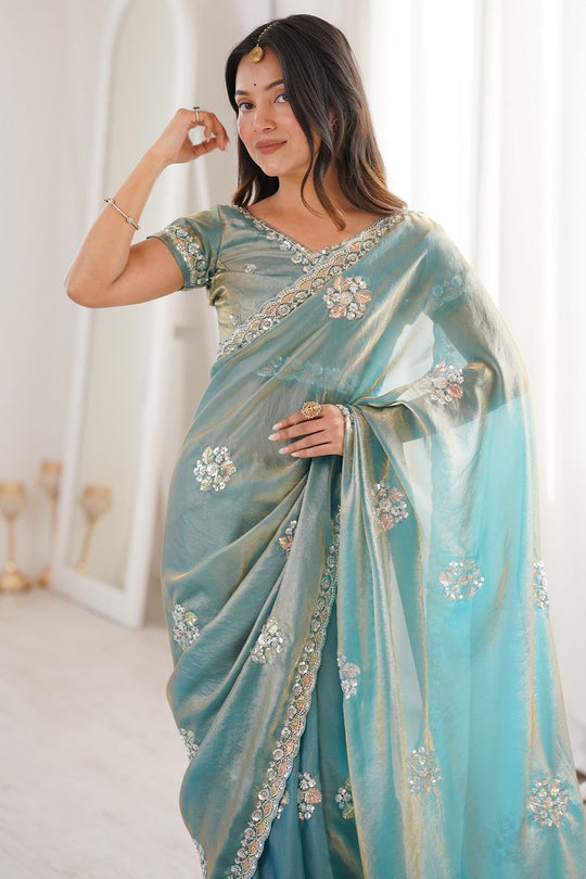 Lyric Light Blue Satin with Sequin Floral Embroidery Pre-Stitched Saree