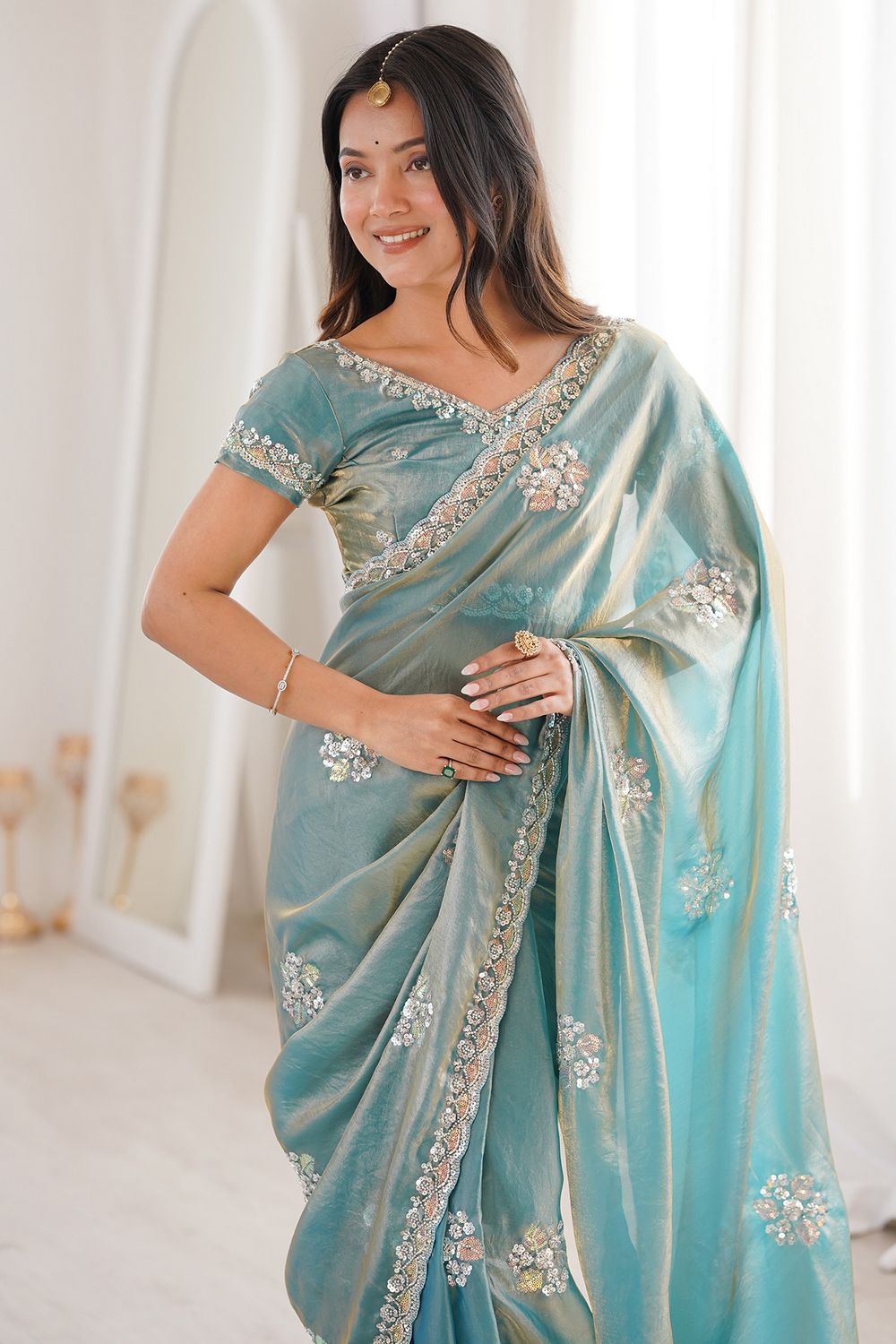 Lyric Light Blue Satin with Sequin Floral Embroidery Pre-Stitched Saree