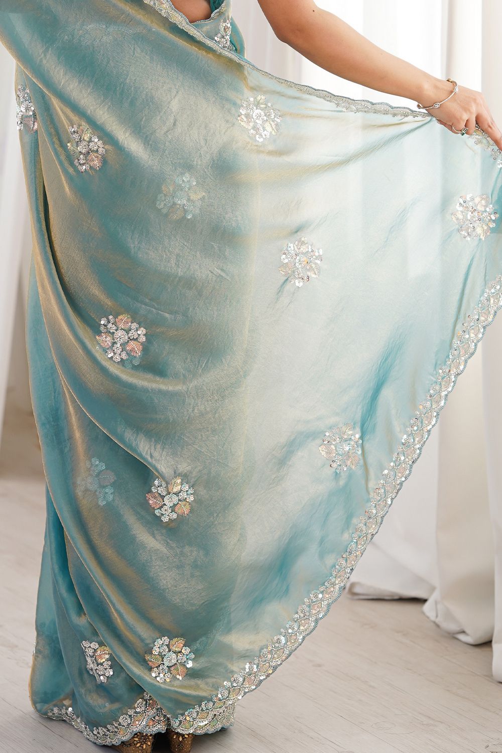 Lyric Light Blue Satin with Sequin Floral Embroidery Pre-Stitched Saree