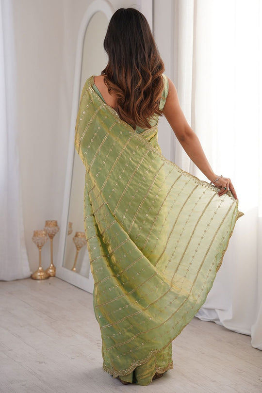 Alice Light Green Satin Sequins Ready to Wear One Minute Saree