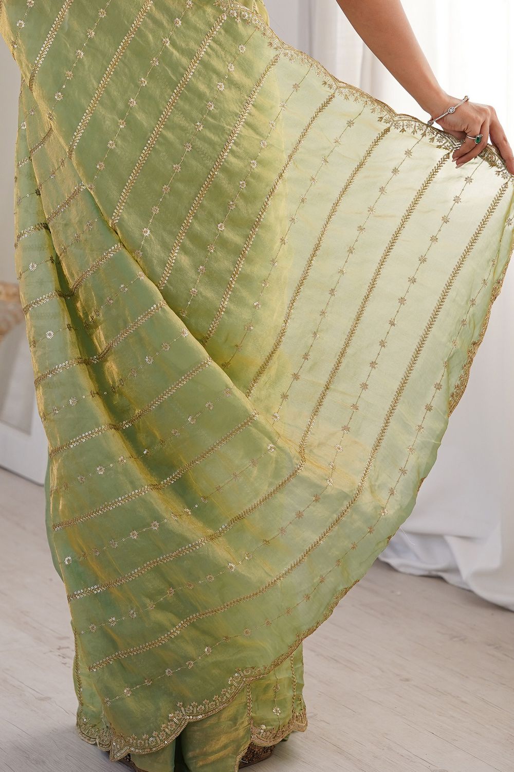 Alice Light Green Satin Sequins Ready to Wear One Minute Saree