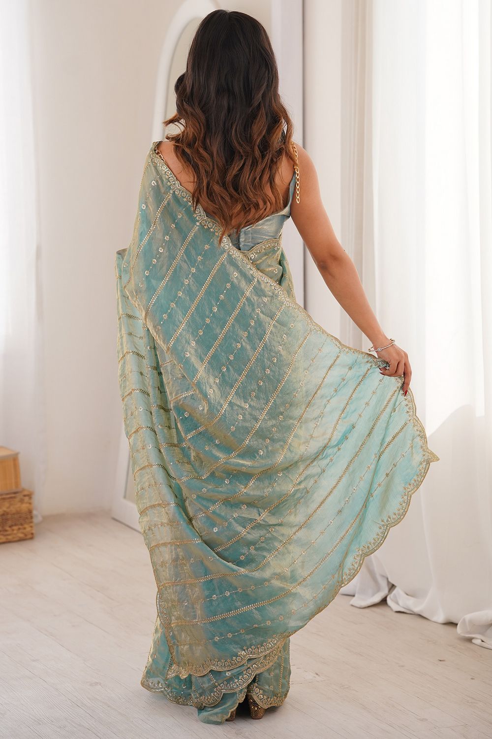Alice Light Blue Satin Sequins Ready to Wear One Minute Saree